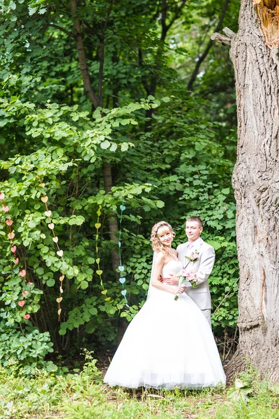 Jonge bruidspaar genieten van romantische momenten buiten op een zomer park — Stockfoto