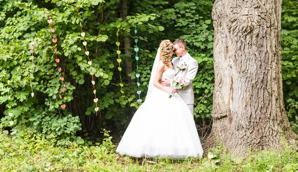 Para młoda ślub ciesząc romantyczne chwile poza na lato park — Zdjęcie stockowe