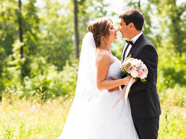 Young wedding couple enjoying romantic moments outside on a summer meadow — Stock Photo, Image