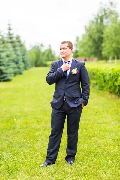 El novio en el traje sobre la naturaleza. Retrato masculino al aire libre. Guapo chico al aire libre — Foto de Stock