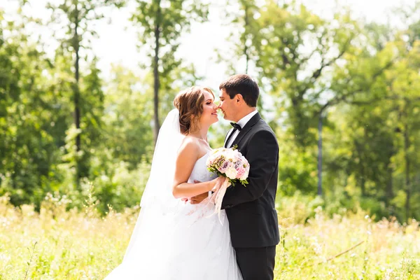 Jeune couple de mariage profitant de moments romantiques à l'extérieur sur une prairie d'été — Photo