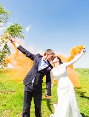 Evlilik çift renkli duman yaz parkta öpüşme