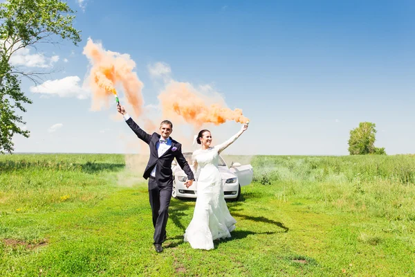 Bruidspaar met kleur rook in de zomer park — Stockfoto