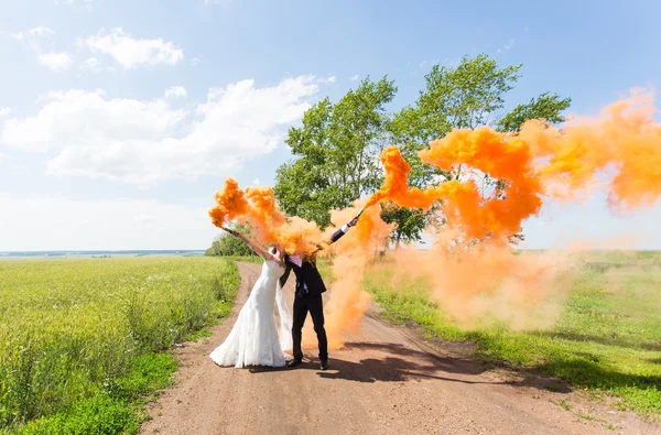 Wedding couple with color smoke in the summer park — Stock Photo, Image