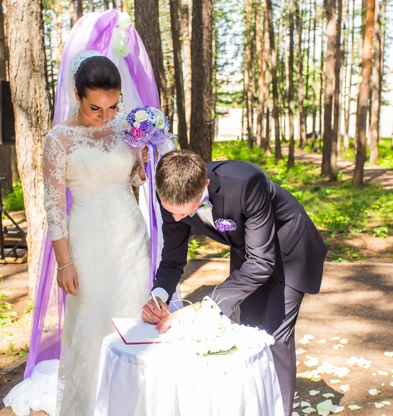 Panny młodej i pana młodego, pozostawiając swoje podpisy na ślub — Zdjęcie stockowe