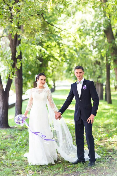 Élégants mariés posant ensemble à l'extérieur le jour d'un mariage — Photo