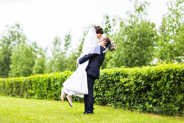 Feliz noivo segurando jovem noiva bonita em seus braços — Fotografia de Stock