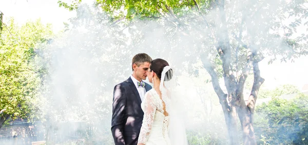 Para ślub na tle mglisty ogrodu. — Zdjęcie stockowe