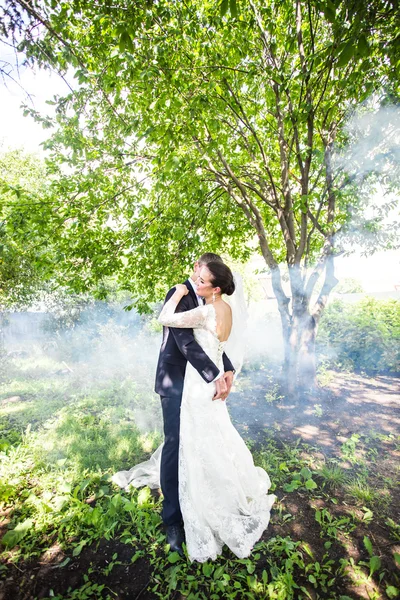 Pareja de boda en el contexto de un jardín brumoso . —  Fotos de Stock