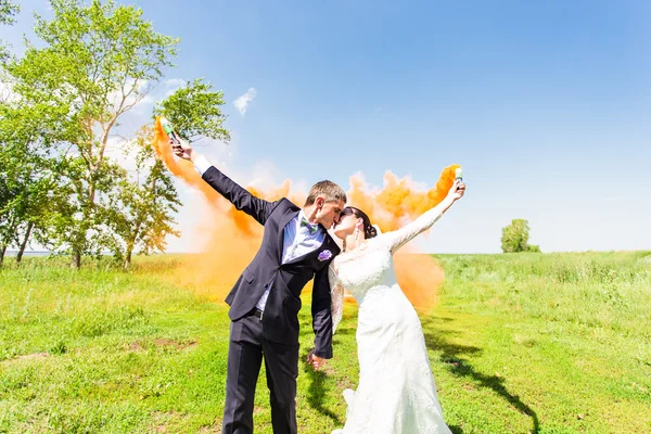 Wedding couple kissing with color smoke in the summer park — Stock Photo, Image