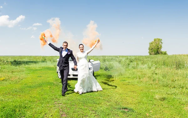 Wedding couple with color smoke in the summer park — Stock Photo, Image