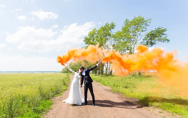 Bruidspaar zoenen met kleur rook in de zomer park — Stockfoto