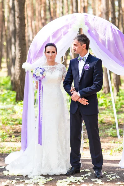 Novia y novio bajo arco de boda —  Fotos de Stock