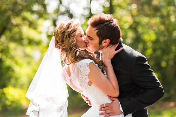 Mooie bruidspaar in park. zij kussen en omhelzen elkaar — Stockfoto