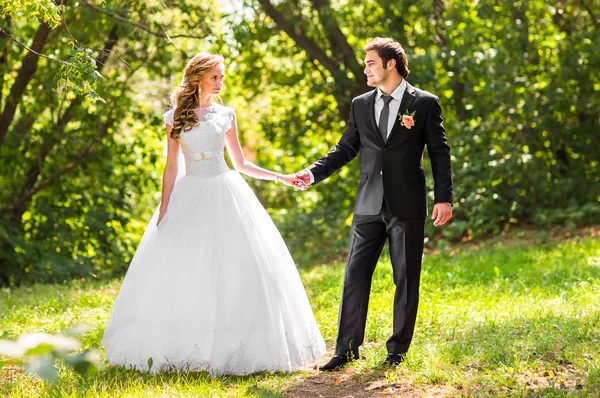 Thème de mariage, tenant les mains jeunes mariés — Photo