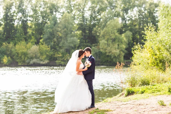 Couple de mariage debout et câlin près du lac . — Photo