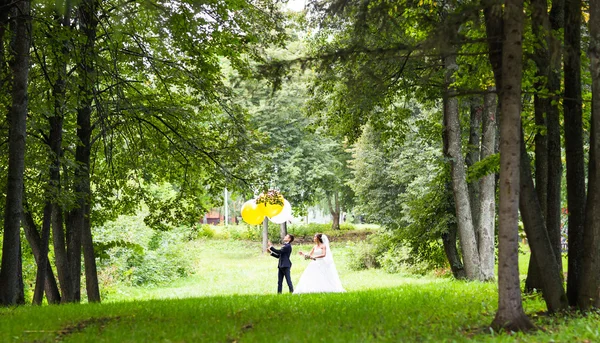 Pan młody i panna młoda z balonów na zewnątrz — Zdjęcie stockowe