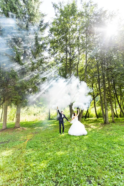 Boda, amor, relaciones, matrimonio. Novia sonriente y novio con humo azul —  Fotos de Stock