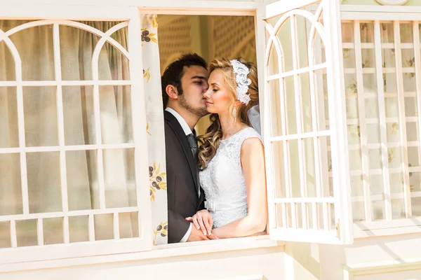 Boda, hermosa novia romántica y novio besos — Foto de Stock