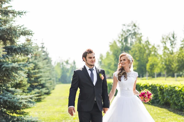 Romantisches Hochzeitspaar, das zusammen Spaß in der Natur hat — Stockfoto