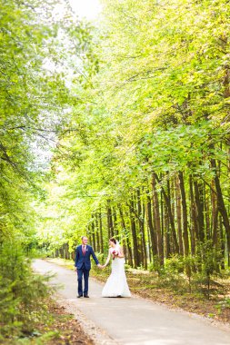 Düğün çifti eğleniyor ve parkta yürüyüş