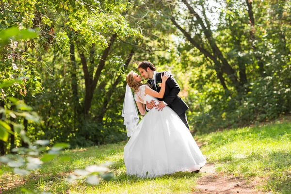 Mooie bruidspaar in park. zij kussen en omhelzen elkaar — Stockfoto
