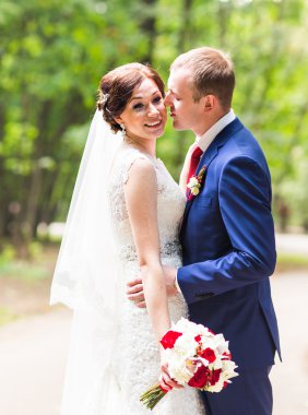 Şık güzel mutlu gelin ve damat, düğün kutlamaları