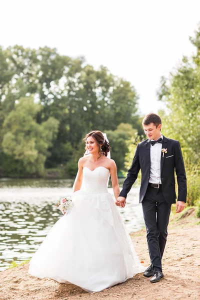 Couple de mariage marchant près du lac . — Photo