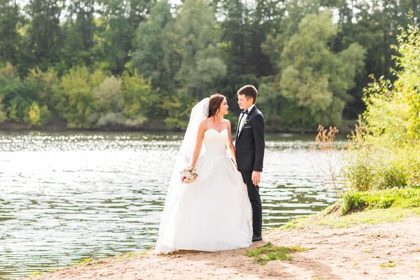Весільна пара стоїть і обіймається біля озера . — стокове фото