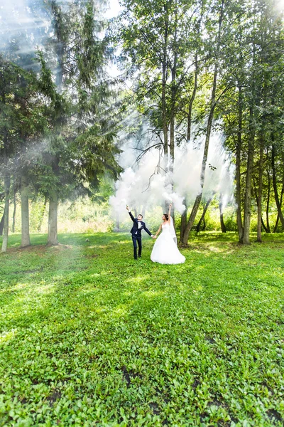 Casamento, amor, relacionamentos, casamento. Noiva sorridente e noivo com fumaça azul — Fotografia de Stock