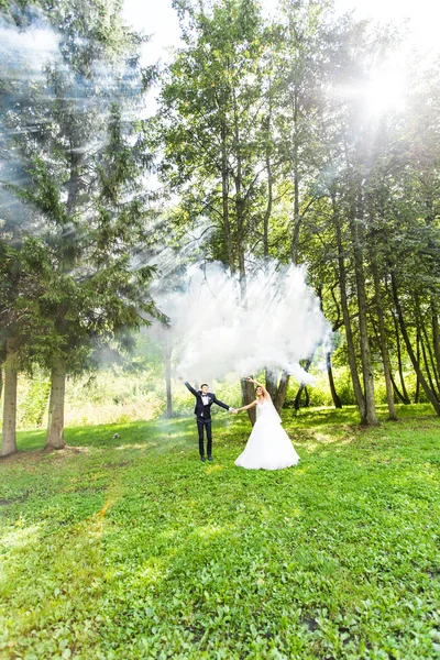 Casamento, amor, relacionamentos, casamento. Noiva sorridente e noivo com fumaça azul — Fotografia de Stock