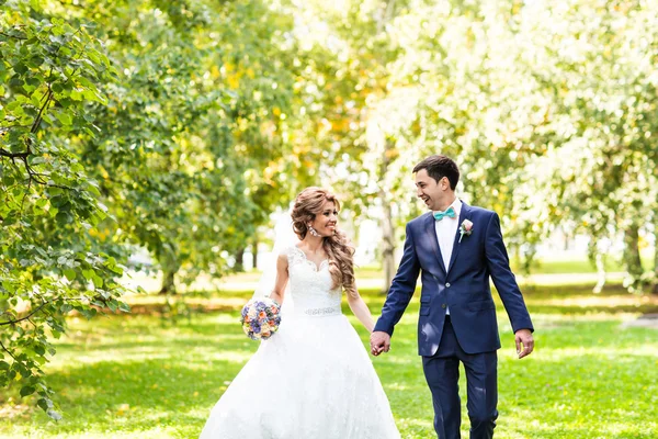 Svatební pár drží za ruce venku — Stock fotografie
