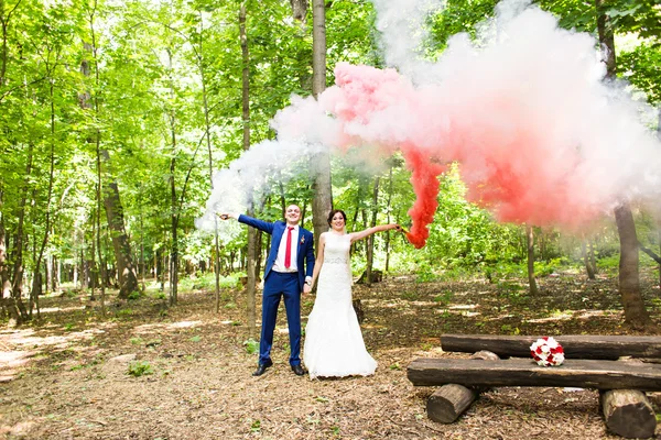 Pareja de bodas divirtiéndose y caminando por el parque —  Fotos de Stock