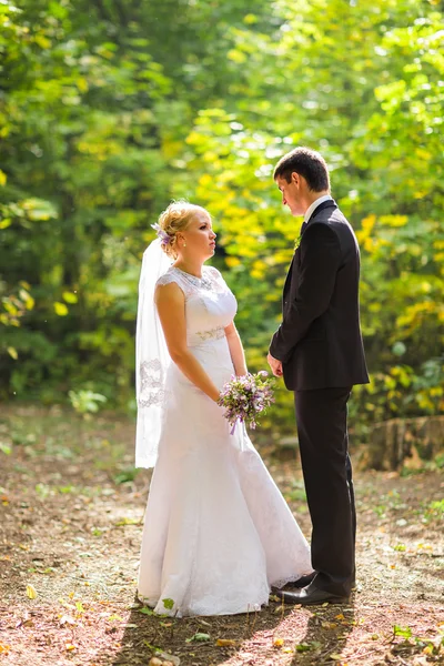 Bride and groom holding hands outdoors — Stock Photo, Image