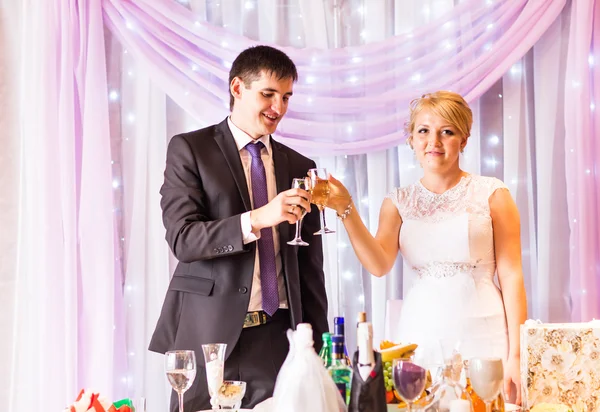 Novia y novio celebrando en recepción — Foto de Stock