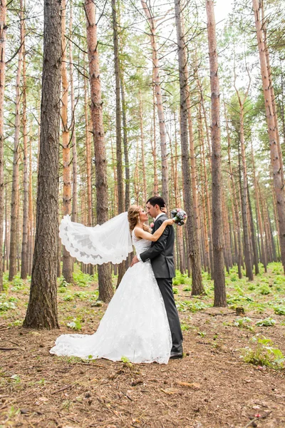 Nevěsta a ženich s romantickým posezením na jejich svatbu venku — Stock fotografie