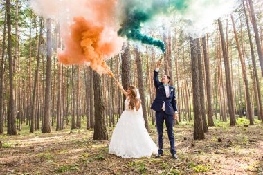 Gelin ve damat ile sis bombası ağaçlar arka plan üzerinde