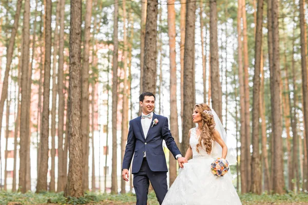 Noiva e noivo no dia do casamento andando ao ar livre na natureza primavera . — Fotografia de Stock