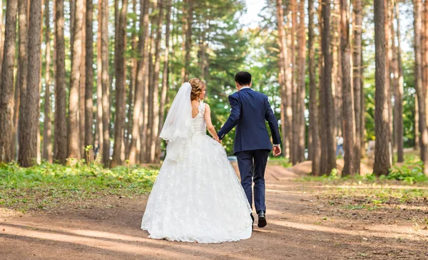 Gelin ve damat yaz park açık havada walking away — Stok fotoğraf