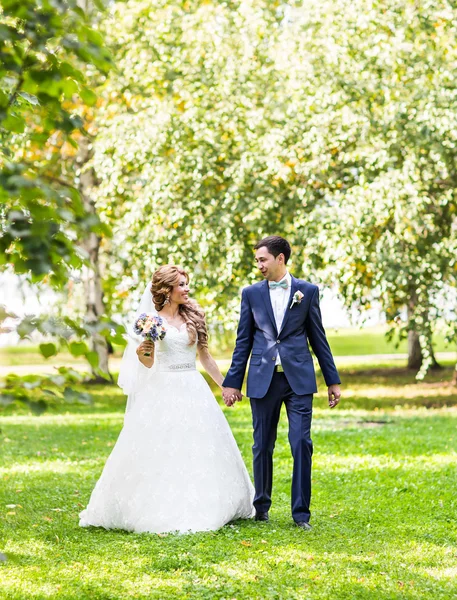 Wedding couple holding hands outdoors — Stock Photo, Image