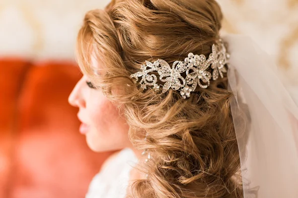 Young woman bride with beautiful hairstyle and stylish hair accessory, rear view — Stock Photo, Image