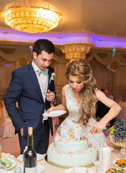 Sposa e uno sposo sta tagliando la loro torta nuziale — Foto Stock