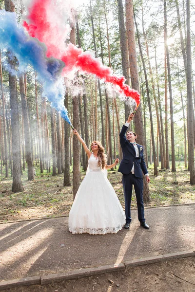 De bruid en bruidegom met rookbommen op de achtergrond van bomen — Stockfoto