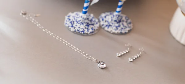 Silver jewelry chain with pendant and earrings — Stock Photo, Image