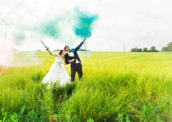 De bruid en bruidegom met rookbommen op de weide — Stockfoto