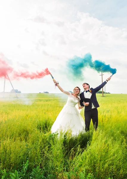 De bruid en bruidegom met rookbommen op de weide — Stockfoto