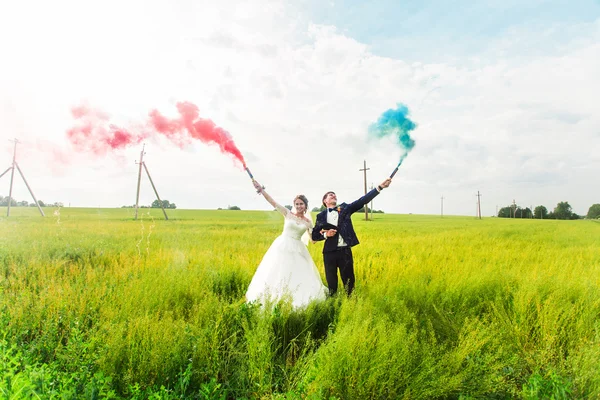 The bride and groom with smoke bombs on the meadow — Stock Photo, Image