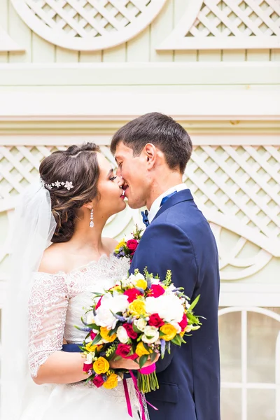 Kus de bruid en bruidegom buitenshuis — Stockfoto