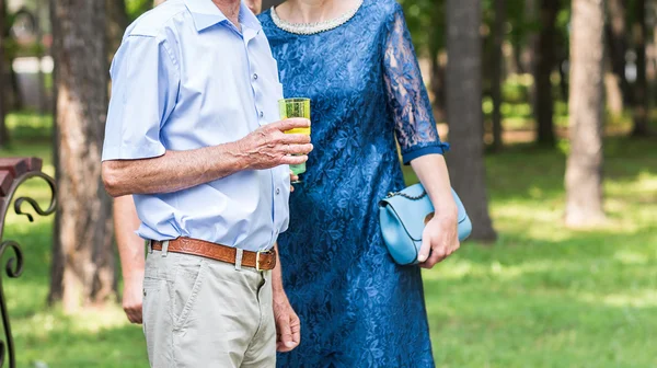 Couple sénior avec verre de champagne en plein air — Photo