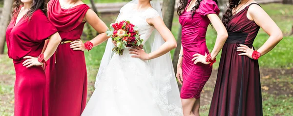 Sposa con damigelle all'aperto il giorno del matrimonio — Foto Stock